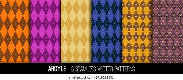 Argyle Seamless Vector Patterns in Navy, Blue, Gold, Burnt Orange and Purple Diamonds with Solid Gold Line. Pack of  Six Harlequin Style Backgrounds. Repeating Pattern Tile Swatches Included.