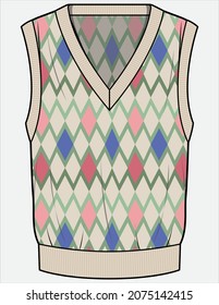 ARGYLE SLEEVLESS PATTERN SWEATER FOR WOMEN AND MEN IN EDITABLE VECTOR FILE
