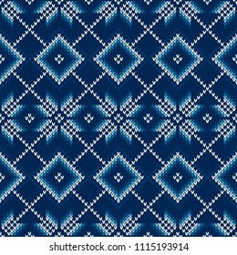 Argyle Sweater Knitted Pattern with Snowflakes. Seamless Knit Texture with Shades of Blue Colors