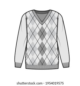 Argyle Sweater technical fashion illustration with rib V- neck, long sleeves, oversized, fingertip length, knit cuff trim. Flat jumper apparel front, grey color style. Women, men unisex CAD mockup