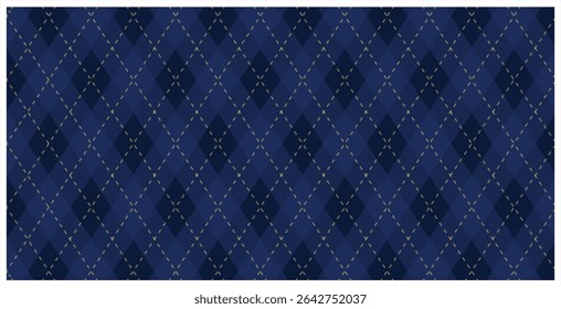 Argyle Vector Men Clothing Pattern. Dark green and Dark Blue with thin slim dotted line. Seamless vivid geometric background for fabric, textile, wrapping paper. Backdrop Little Gentleman party invite