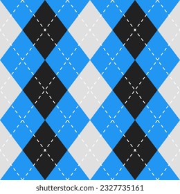 Argyle vector pattern. Argyle pattern. Blue and black argyle pattern. Seamless geometric pattern for clothing, wrapping paper, backdrop, background, gift card, sweater.