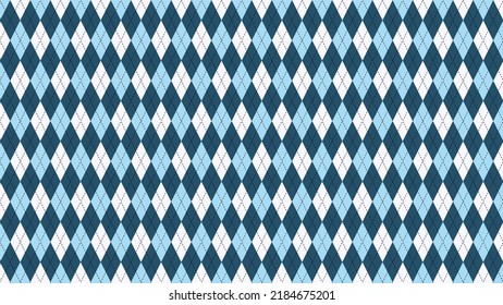 Argyle vector pattern. Blue and grey squares with thin black dotted line. Seamless geometric background for men's clothing, wrapping paper, party.