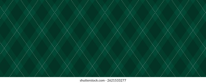 Argyle Vector Pattern. Christmas Background. Golf Textile Print. Emerald Diamonds with Gold Accent Lines. Seamless Pattern Tile.