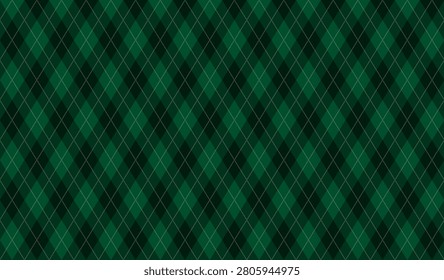 Argyle vector pattern. Dark green with thin slim golden dotted line. Seamless vivid geometric background