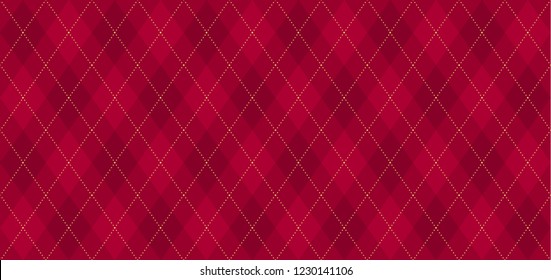 Argyle vector pattern. Dark red with thin golden dotted line. Seamless geometric background textile, clothing, wrapping gift paper. Backdrop Xmas party invite card. Christmas traditional color maroon