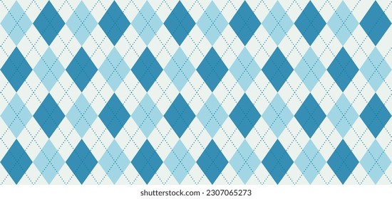 Argyle vector pattern. Light blue and dark blue squares with thin dark blue dotted line. Geometric background for menswear, wrapping paper. Background for baby shower. Checkered Seamless Pattern.