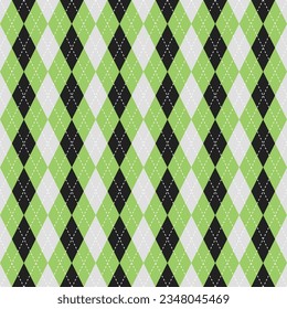 Argyle vector pattern. Argyle pattern. Light green and black argyle pattern. Seamless geometric pattern for clothing, wrapping paper, backdrop, background, gift card, sweater.