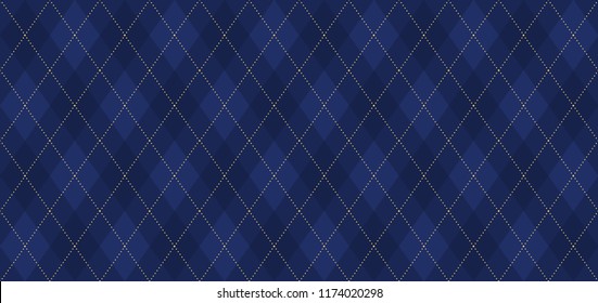 Argyle vector pattern. Navy blue with thin golden dotted line. Seamless dark geometric background for fabric, textile, men's clothing, wrapping paper. Backdrop for Little Gentleman party invite card