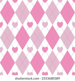 Argyle vector pink heart pattern squares Seamless geometric background for clothing, wrapping paper, backdrop, for cards.