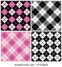 Argyle-Plaid Pattern in trendy pink and black repeats seamlessly. Tiles are on separate layers and colors are grouped for easy editing.