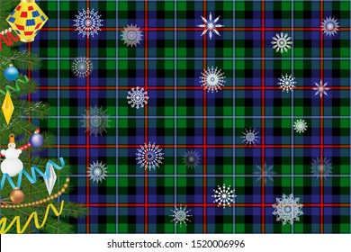 Argyll District tartan at the base for a Christmas or New Year card or for designing a website in a Christmas style with a Scottish style