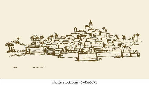 Arhaic eastern persian orient desert sand palm oasis view with stone fort wall and mosque. Outline ink hand drawn picture sketchy in vintage etching graphic style with place for text on sky background