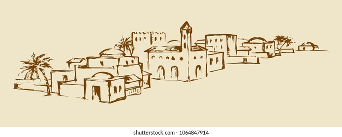 Arhaic eastern turkey orient desert sand palm Bahla oasis scenic view. Benhaddou stone dwelling scene. Outline ink hand drawn judaic picture in vintage style and place for text on white sky background