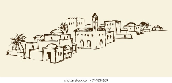 Arhaic eastern turkey orient desert sand palm oasis scene view with stone dwelling. Outline ink hand drawn picture sketch in vintage engraving graphic style with place for text on white sky background