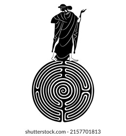 Ariadne. Ancient Greek woman standing on top of a round spiral maze or labyrinth symbol. Creative mythological concept. Black and white silhouette.
