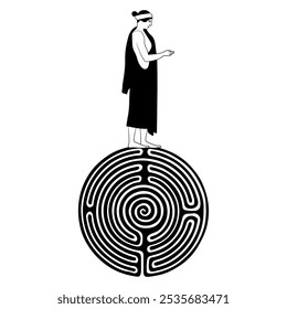 Ariadne. Ancient Greek woman standing on a round spiral maze or labyrinth symbol. Mythological concept. Black and white silhouette.