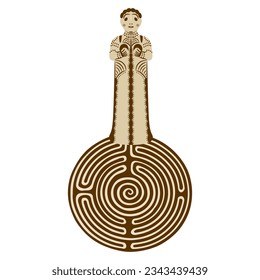 Ariadne. Figurine of Mycenaean mother goddess on top of a round spiral maze or labyrinth symbol. Creative concept with archaic ancient Greek woman. Isolated vector illustration.