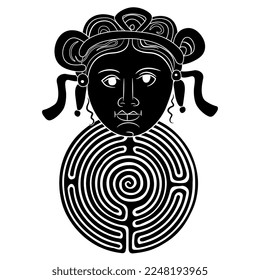 Ariadne. head of ancient Greek woman or goddess on top of a round spiral maze or labyrinth symbol. Creative concept. Black and white silhouette.