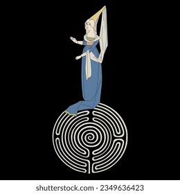 Ariadne. Medieval girl in Gothic costume standing on top of a round spiral maze or labyrinth symbol. Mystery of woman, history and ancient culture. Creative concept.