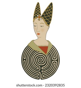 Ariadne as medieval princess. Female portrait and a round spiral maze or labyrinth symbol. Isolated vector illustration.