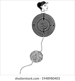 Ariadne. Spiral round maze or labyrinth with female head and yarn thread. Black and white silhouette. Creative concept. Ancient Greek mythology.