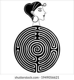 Ariadne. Spiral round maze or labyrinth and female head. Black and white silhouette. Creative concept. Ancient Greek mythology. Mystery of a woman.