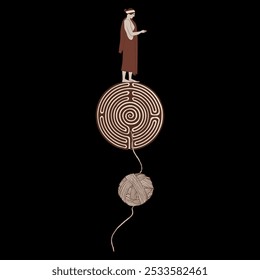 Ariadne thread. Ancient Greek girl standing on a round spiral maze or labyrinth symbol and a yarn ball. Mythological concept.