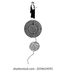 Ariadne thread. Ancient Greek girl standing on a round spiral maze or labyrinth symbol and a yarn ball. Mythological concept. Black and white silhouette.