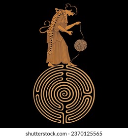 Ariadne thread. Ancient Greek woman standing on a round spiral maze or labyrinth symbol and holding yarn ball. Vase painting style. Creative mythological concept. On black background.