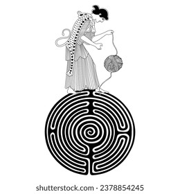 Ariadne thread. Ancient Greek woman standing on a round maze or labyrinth symbol holding a yarn ball. Mythological concept. Black and white silhouette.