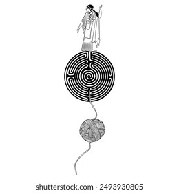 Ariadne thread. Ancient Greek woman standing on a round spiral maze or labyrinth symbol and a yarn ball. Creative mythological concept. Black and white silhouette.
