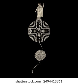 Ariadne thread. Ancient Greek woman standing on a round spiral maze or labyrinth symbol and a yarn ball. Creative mythological concept.