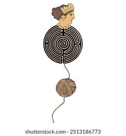 Ariadne's thread. Ariadne or Pasiphae. Head of a beautiful Ancient Greek woman or goddess on a round spiral maze or labyrinth symbol and a yarn ball. Creative mythological concept.