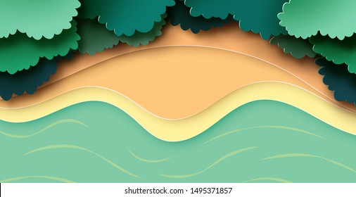 Arial view.Top view of forest canopy and river or lake.Green nature landscape background paper art style vector illustration.