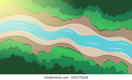 Arial View Of Forest And River.Green Nature Landscape . Paper Art Style Vector Illustration.