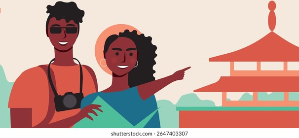 Casal Africano Explorando uma cidade asiática durante a viagem, ilustração de stock de vetor plano como conceito viagens românticas