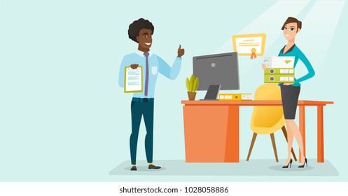 Arican-american and caucasian white office workes holding business documents in hands. Business people with clipboard and folders standing in office. Vector cartoon illustration. Horizontal layout.