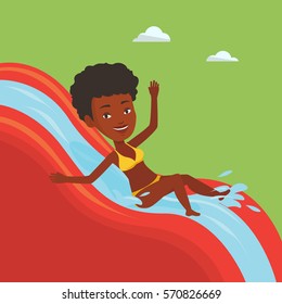 Arican-american woman riding down a water slide at the aquapark. Happy woman having fun on a water slide in waterpark. Girl going down a water slide. Vector flat design illustration. Square layout.