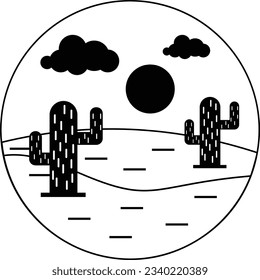 Arid Climate Landscape concept, Wild desert and cactus Vector Icon Design, natural scenery in circular sign, picturesque symbol, countryside terrain stock illustration