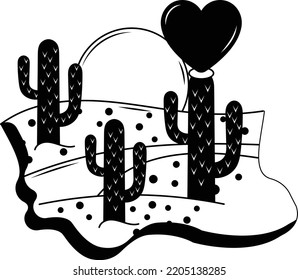 Arid Climate Vector Icon Design, Nature Love Symbol, Artistic Landforms Scenes Sign, Heart In Nature Stock Illustration, Beautiful Landscape View In Circular , Poisonous Cactus Plant In Desert Concept