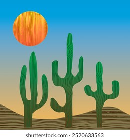 Arid landscape with cacti, clear sky and orange sun.