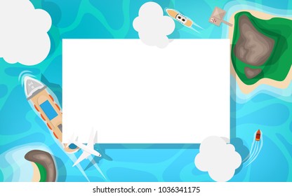 Ariel view-top down view- of the sea side with blue sea ocean, cruise ship small speed boat, white commercial airplane and cloud in the sky with copy space for your text in the white background 