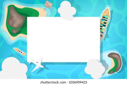 Ariel view-top down view- of the sea side with blue sea ocean, cruise ship small speed boat, white commercial airplane and cloud in the sky with copy space for your text in the white background 