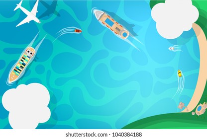 Ariel view-top down view- of the sea side with blue sea ocean, cruise ship small speed boat, white commercial airplane and cloud in the sky with copy space for your text 