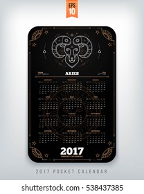 Aries 2017 year zodiac calendar pocket size vertical layout Black color design style vector concept illustration