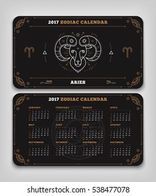 Aries 2017 year zodiac calendar pocket size horizontal layout Double side black color design style vector concept illustration