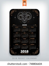 Aries 2018 year zodiac calendar pocket size vertical layout Black color design style vector concept illustration.