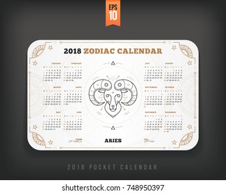 Aries 2018 year zodiac calendar pocket size horizontal layout White color design style vector concept illustration.
