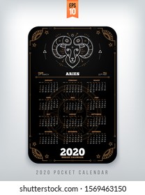 Aries 2020 year zodiac calendar pocket size vertical layout Black color design style vector concept illustration